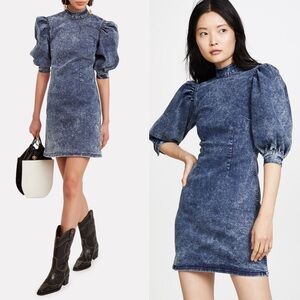 GANNI 90s Acid Wash Stretch Denim Puff Short Sleeve Mockneck Sheath Mini Dress M